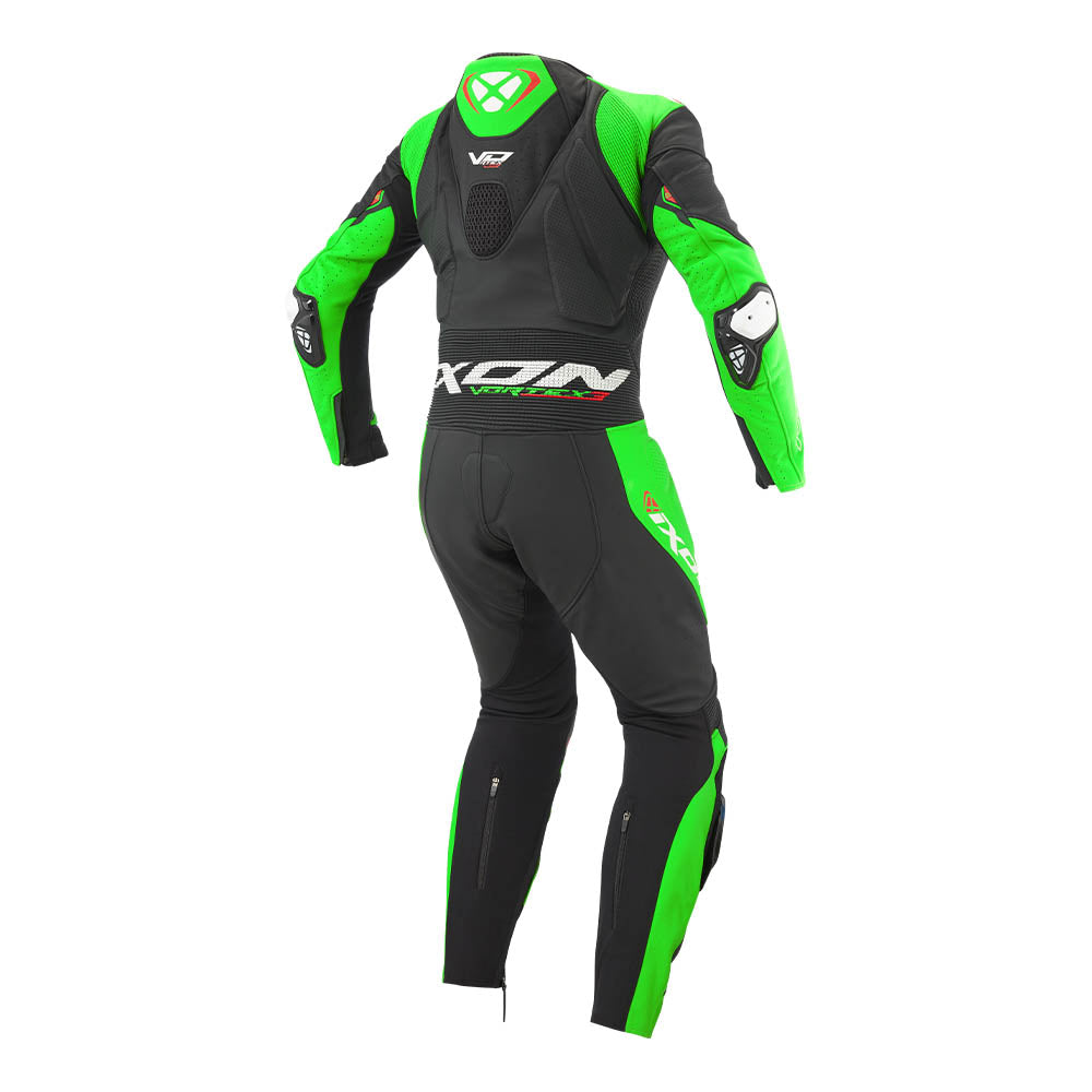 Motorcycle racing suit in black with neon green accents, armored chest and long sleeves