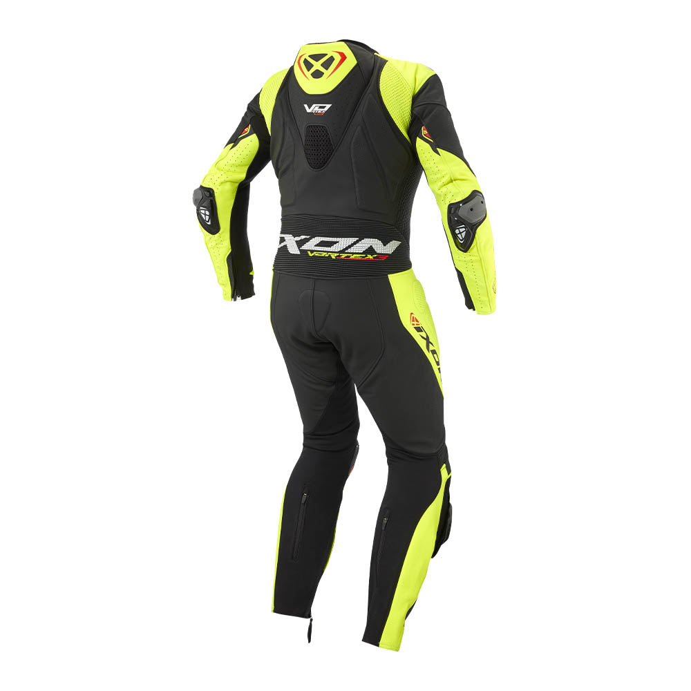 Black and bright yellow motorcycle racing suit with armored chest and knee panels
