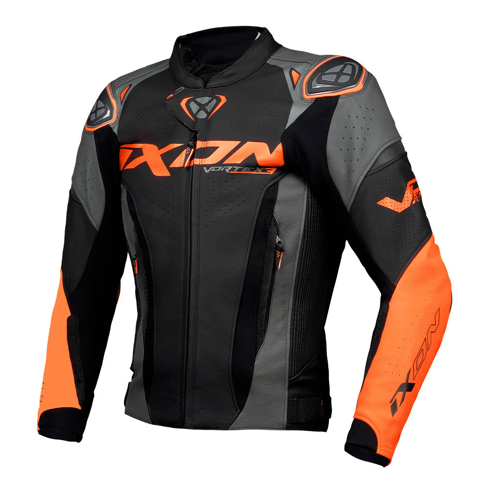 Leather racing jacket, black and anthracite with orange piping, front zip and AXON logo
