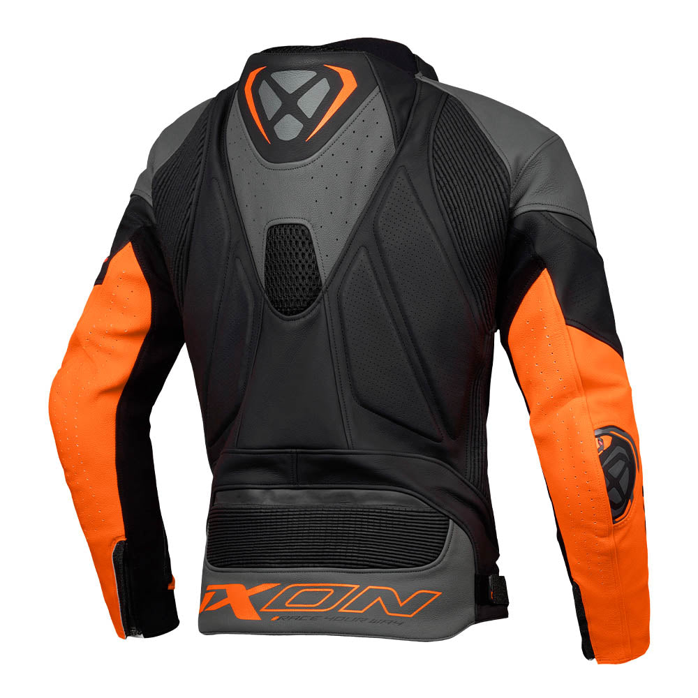 Leather racing jacket in black leather with anthracite panels and orange AXON logo