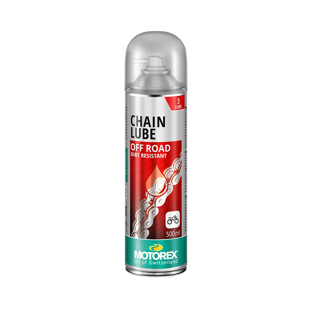 Motorex chain lube off-road aerosol can, 500 ml, black label and red graphics