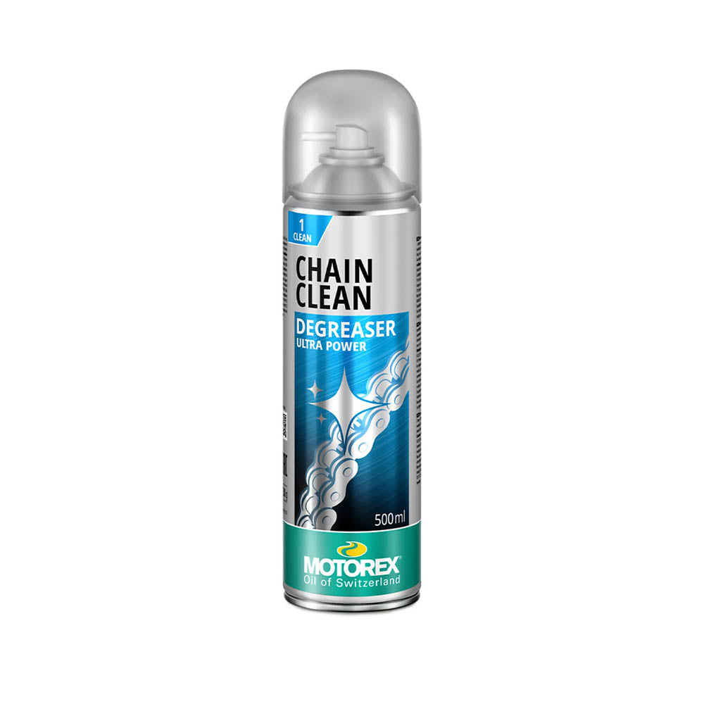 Motorex chain degreaser spray bottle, 500 ml, silver can with blue label