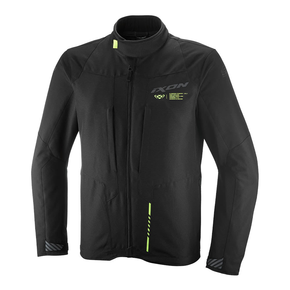 TYR men's swim jacket in black with bright yellow zipper pull and accents