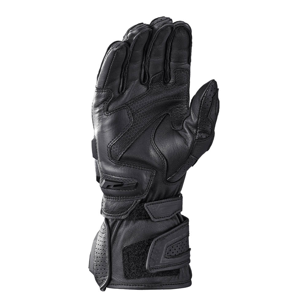 Black leather motorcycle gloves with knuckle padding and adjustable wrist strap