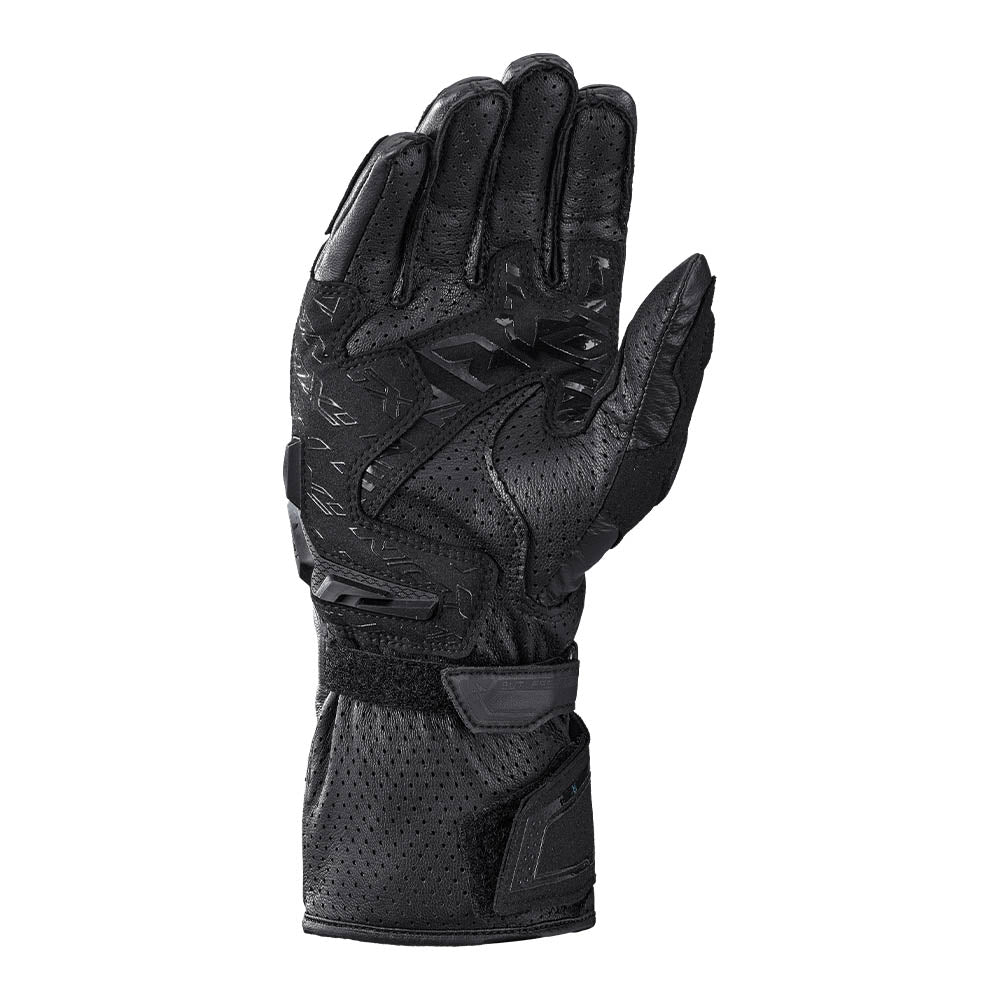 Black leather motorcycle gloves with reinforced back and vented finger panels