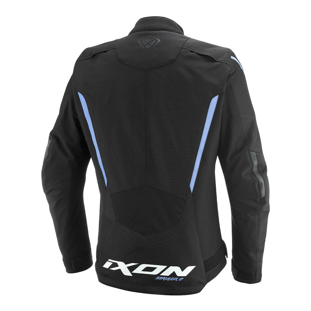 Women’s motorcycle jacket back, black with blue panels and large hem logo