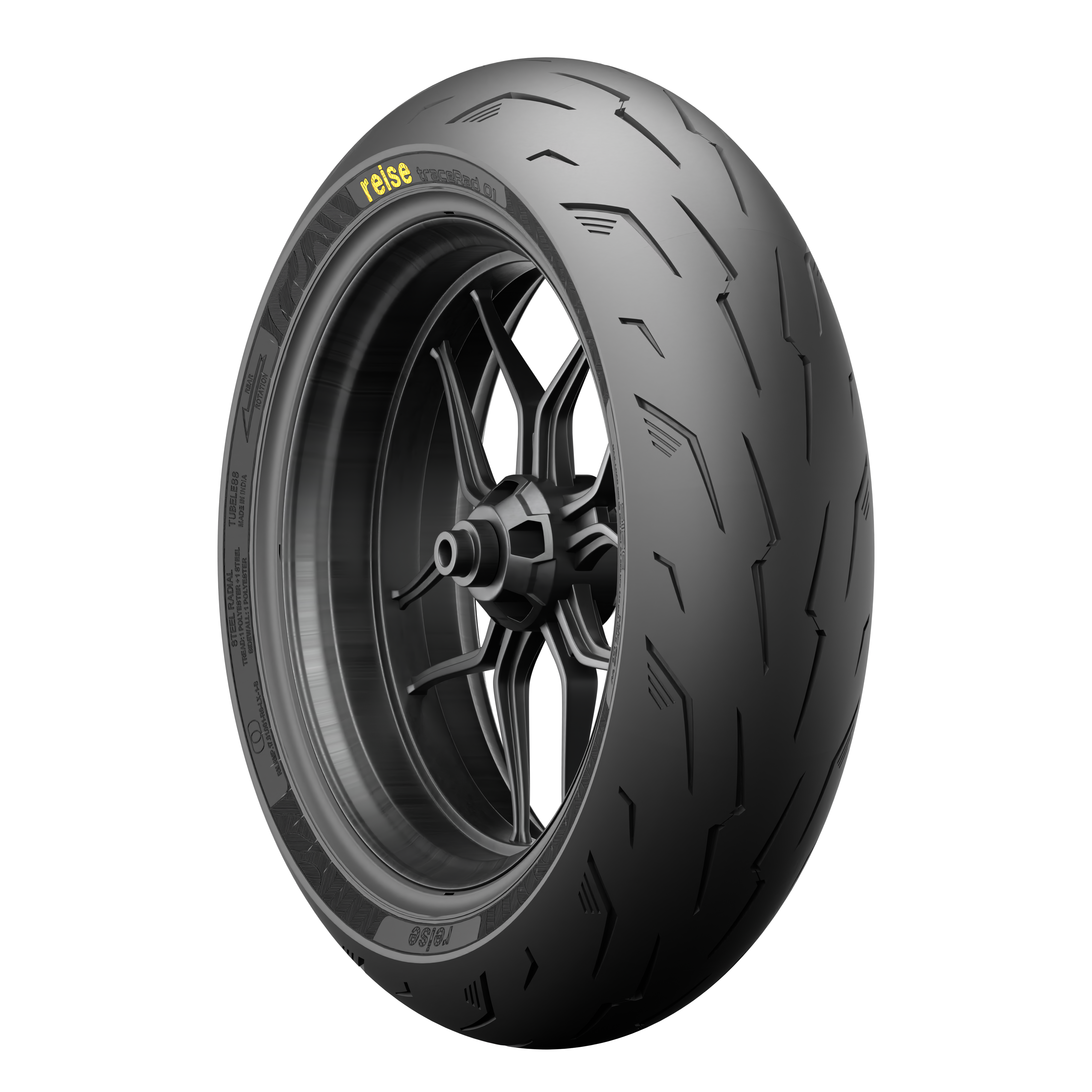 Tubeless rear motorcycle tire side profile with wheel rim and 'reise' branding