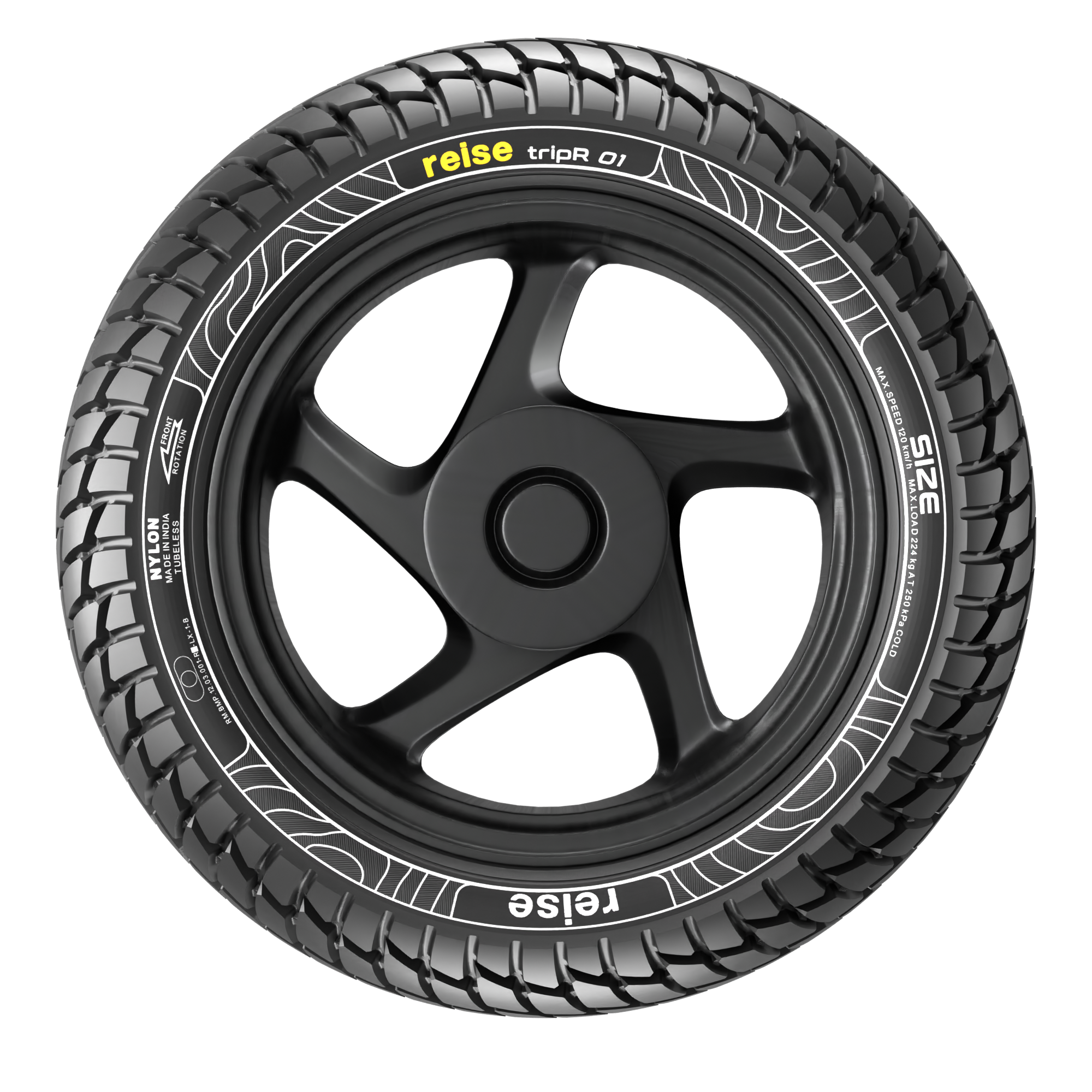 Tubeless tire and black wheel rim, arched siped tread with brand lettering