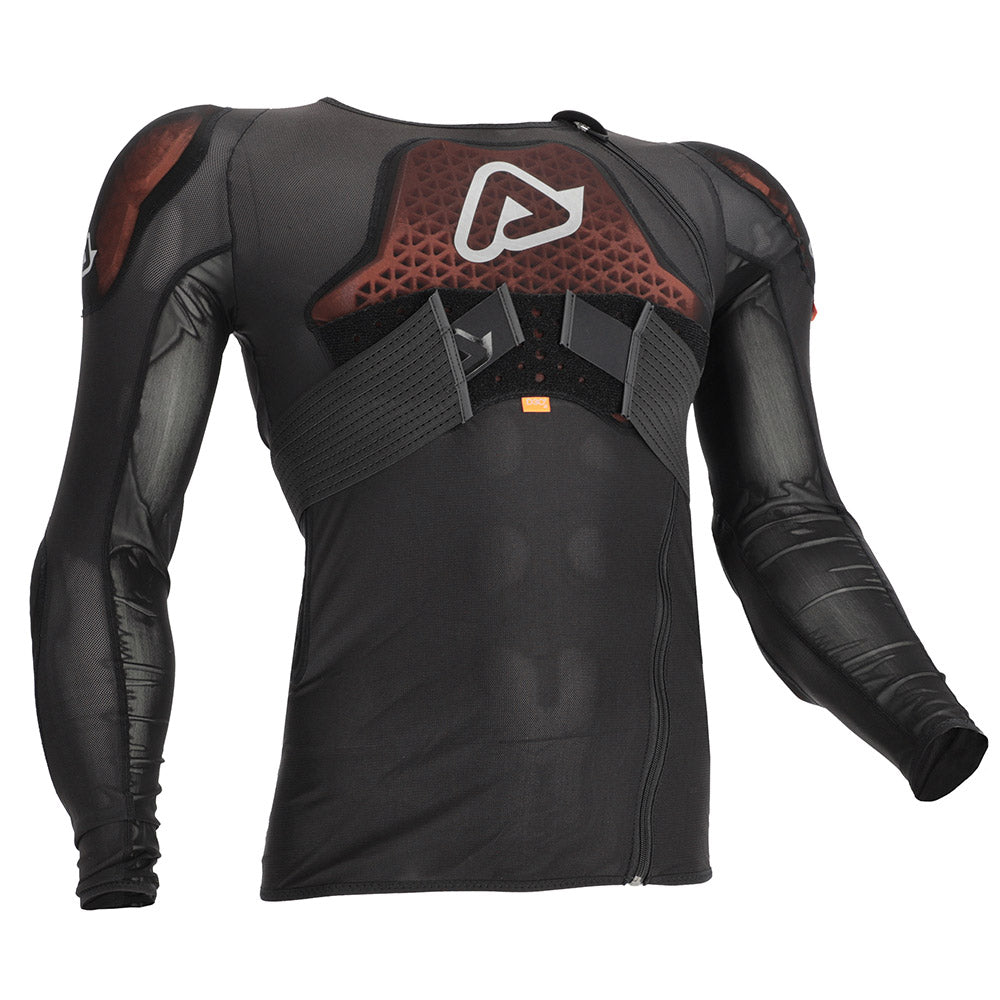 Black armored body shirt with orange-brown back pad and front zipper closure.