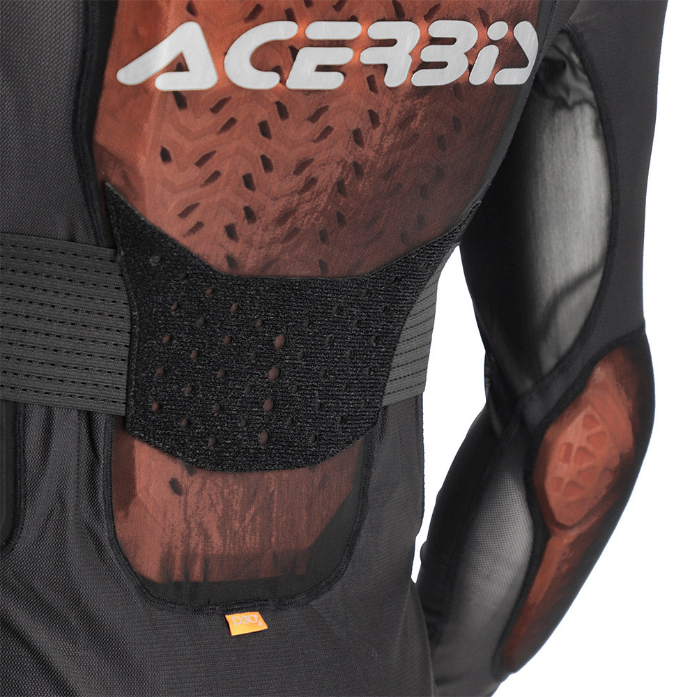 Black protective chest and shoulder armor with textured orange-brown inserts.