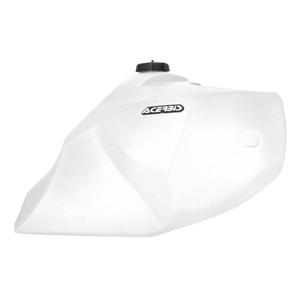 White 23L fuel tank with black cap and Acerbis logo, front-right view