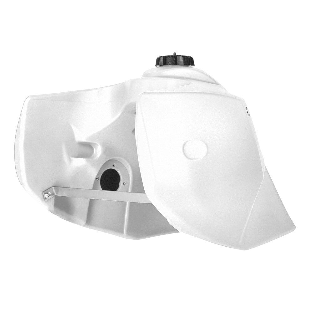 White 23L fuel tank with black cap and mounting opening, Acerbis branding on side
