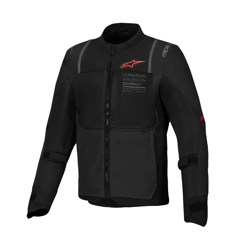 Black Alpinestars air jacket with stand collar, center zip, red logo on sleeve