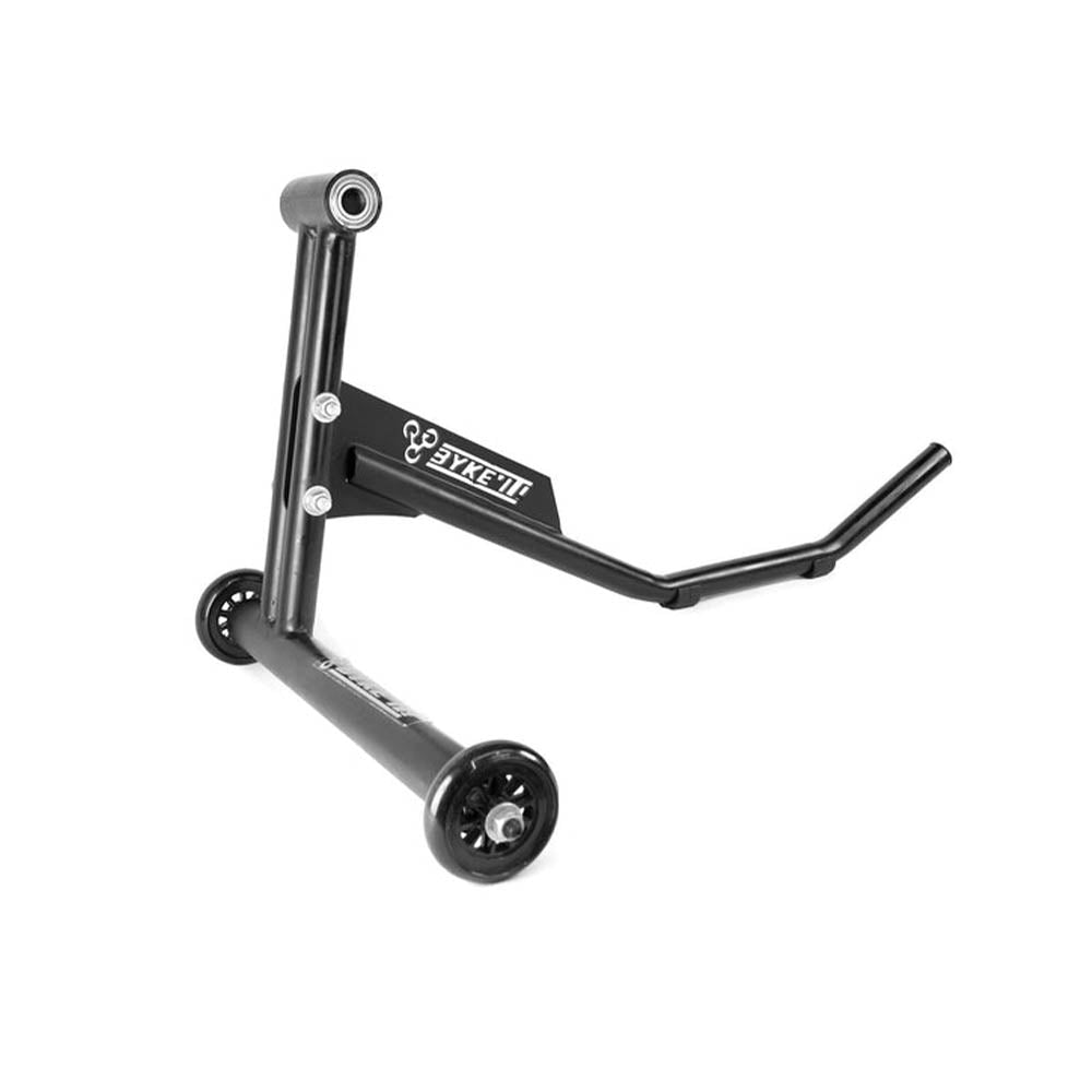 Black single-sided paddock stand with front caster wheels and angled base support