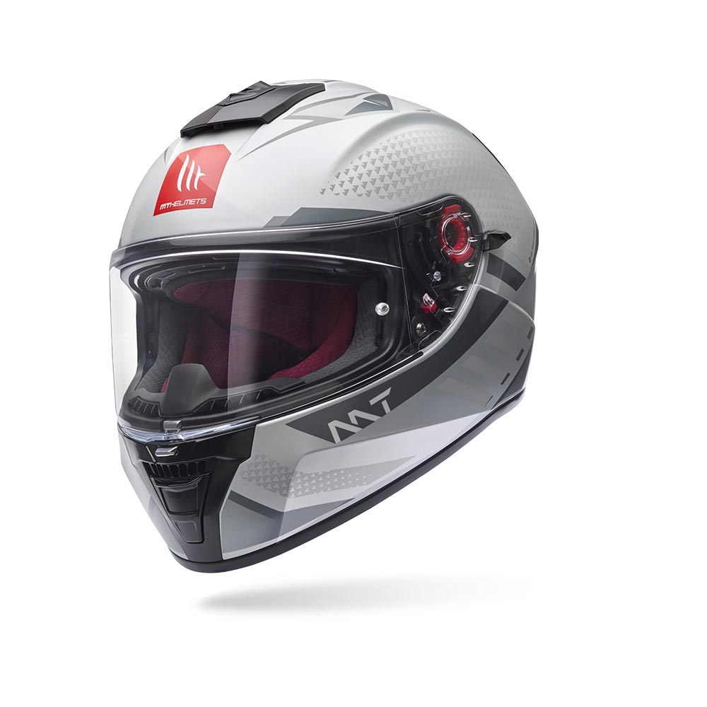 Motorcycle helmet, white-gray shell with tinted visor and red accent details