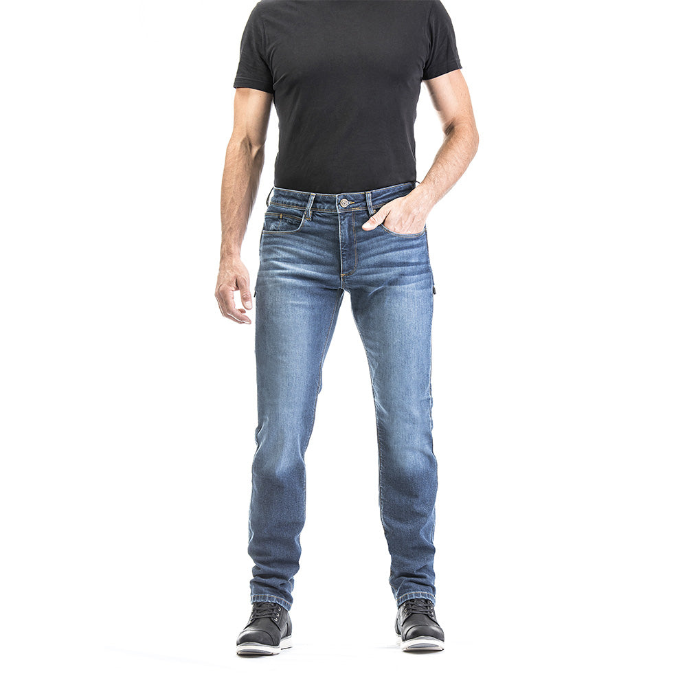 Stonewash denim motorcycle riding jeans, straight fit with belt loops and five pockets