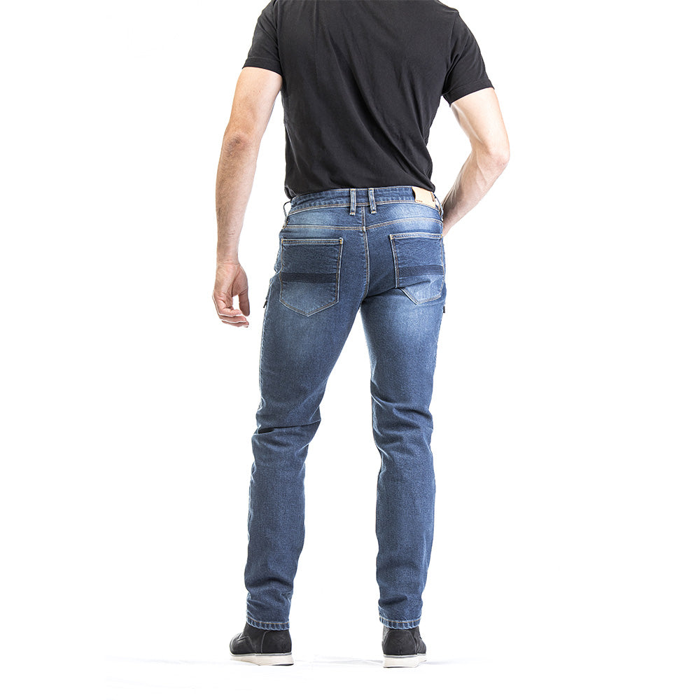Stonewash denim motorcycle riding jeans, rear view with stitched pockets and belt loops