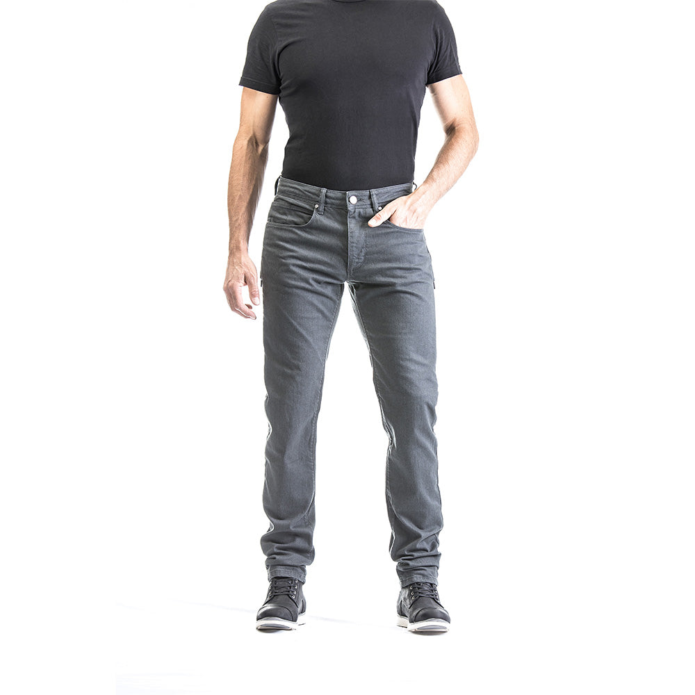 Motorcycle riding jeans, dark anthracite wash, straight legs, button-zip closure