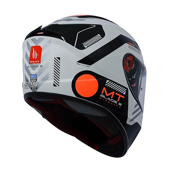 Full-face motorcycle helmet, white/black with orange graphic and dark face shield