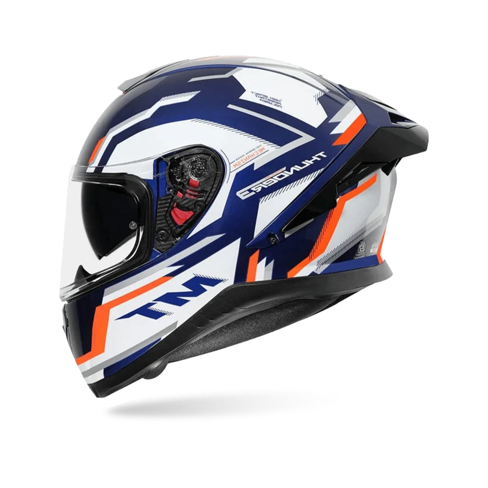 Motorcycle full-face helmet in white, blue, and orange with clear visor and side details