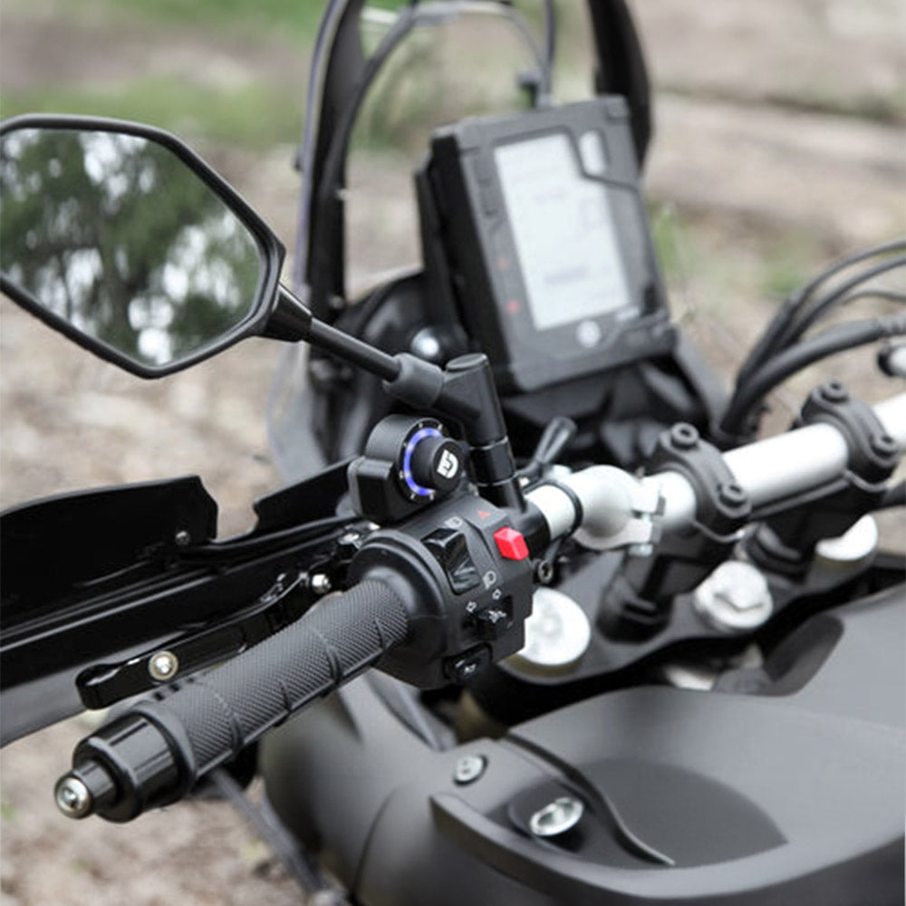 Black DialDim lighting controller with illuminated dial on motorcycle handlebar
