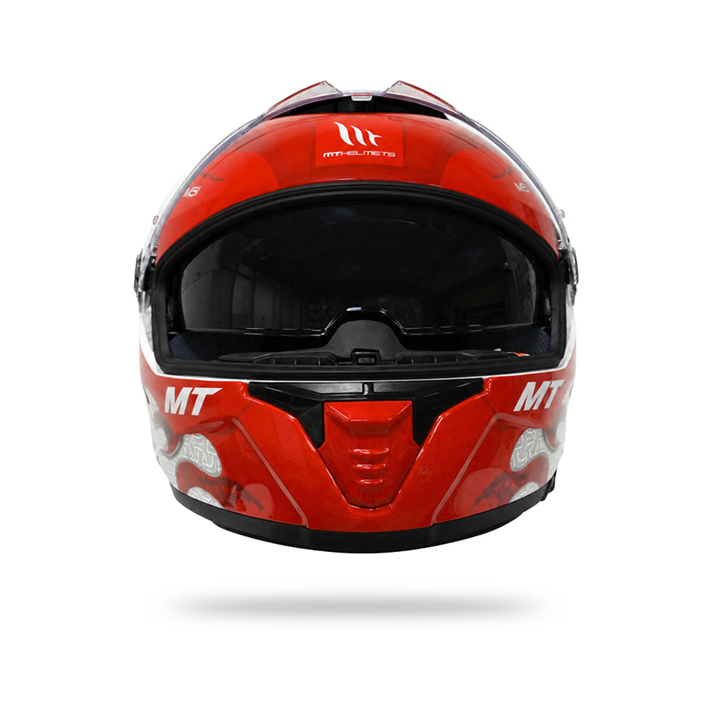 Gloss red full-face motorcycle helmet with black visor and MT markings