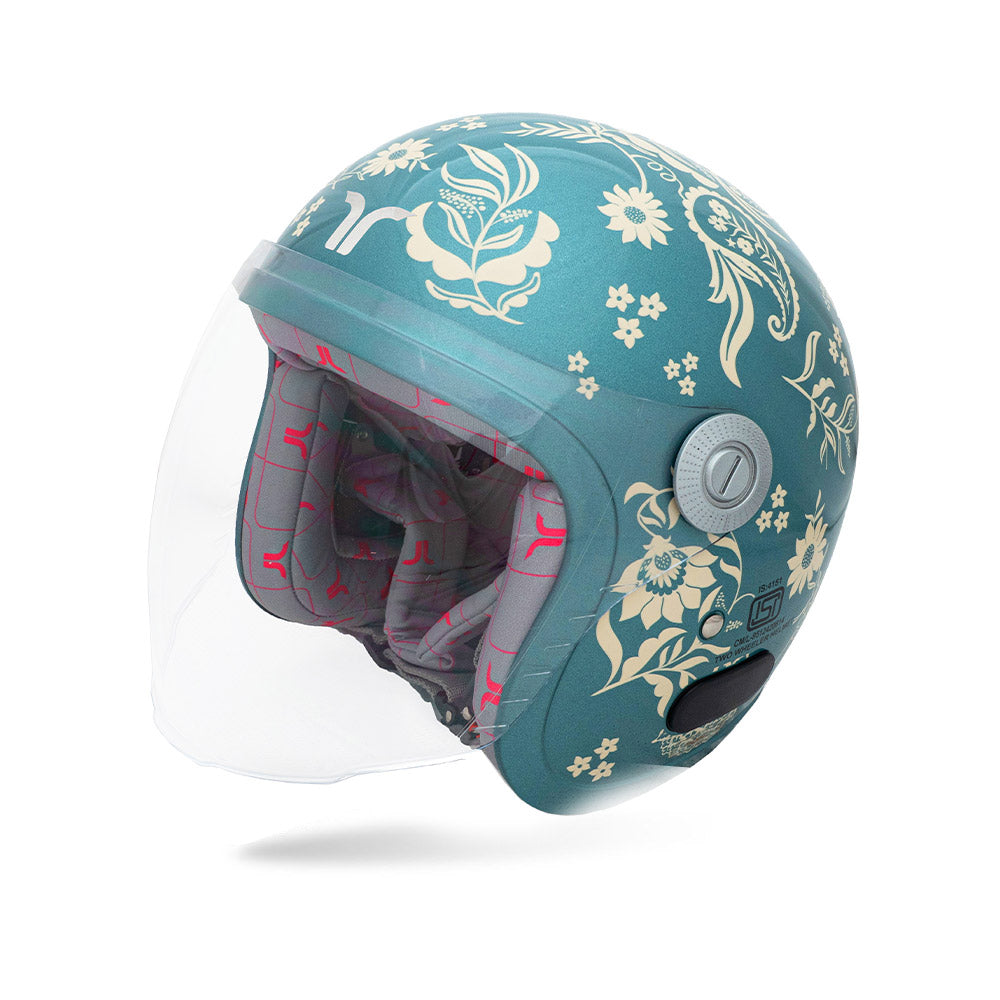 Marine blue floral motorcycle helmet with clear visor and front release dial