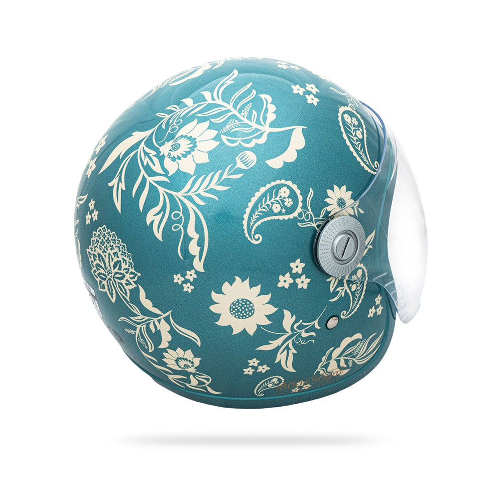 Marine blue floral motorcycle helmet top view with vented center dial