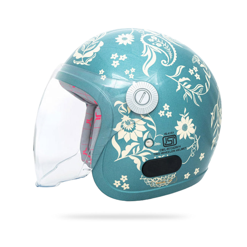 Marine blue floral motorcycle helmet front side view with clear visor