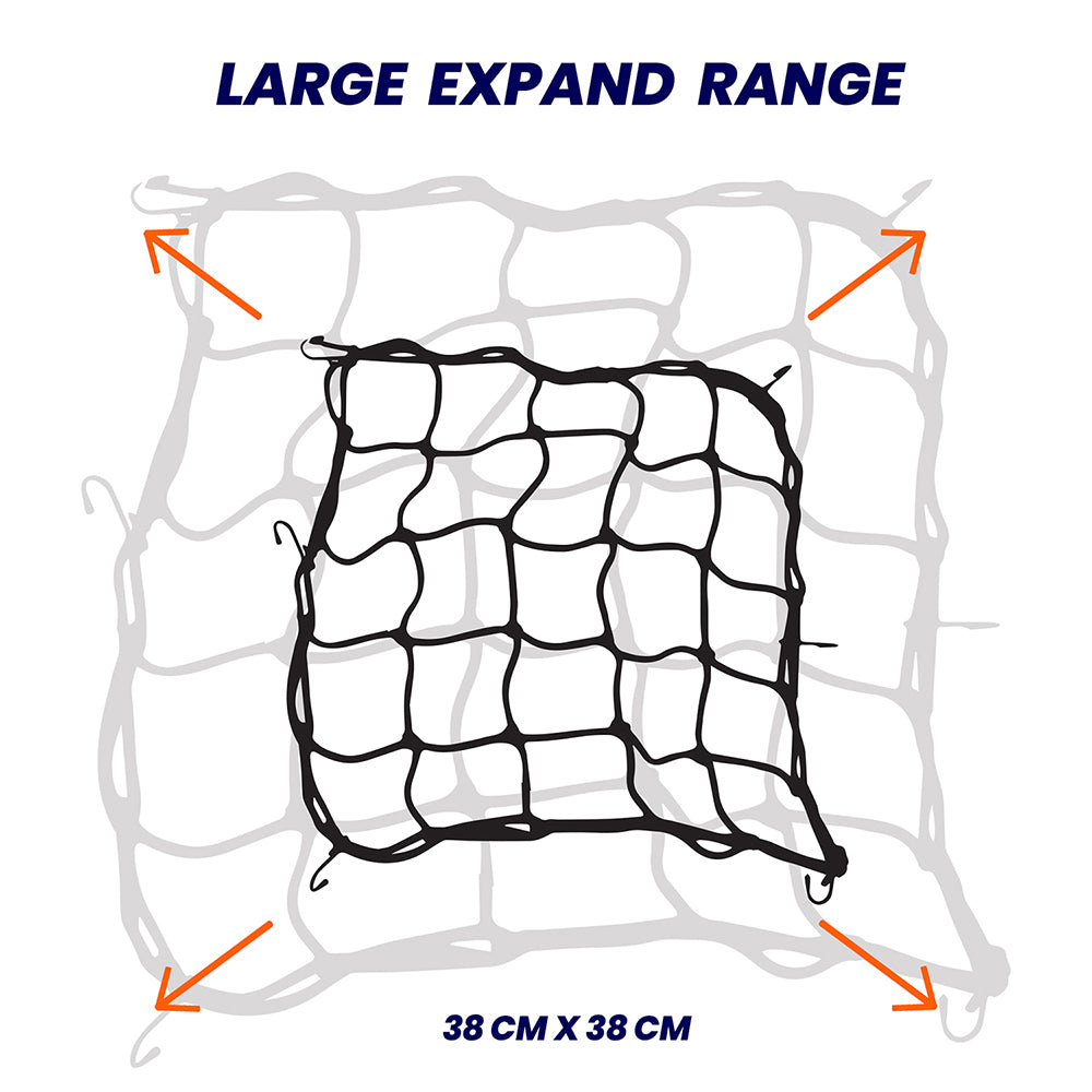 Black bungee cargo net with expandable range, 38 cm x 38 cm