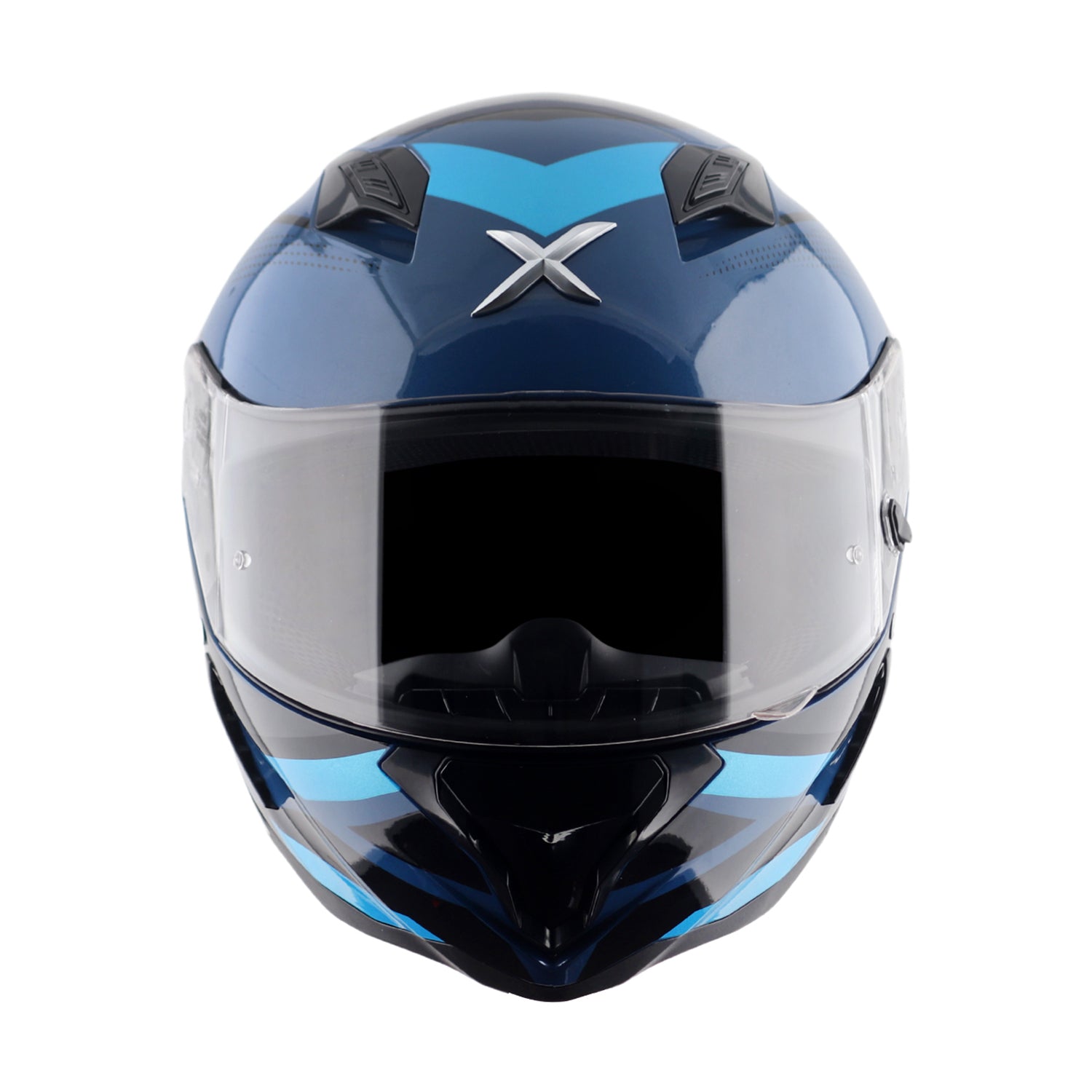 Motorcycle riding helmet front view, dark blue shell with X emblem and clear face shield