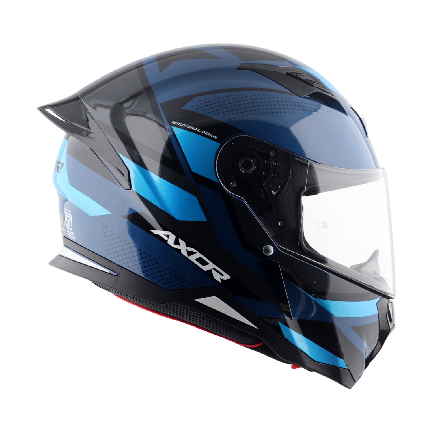 Motorcycle riding helmet with clear visor, dark blue shell and blue side graphic