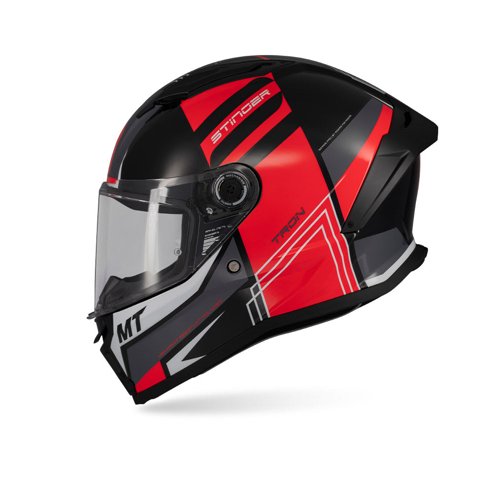 Side view black/red full-face motorcycle helmet with clear visor and vent detail