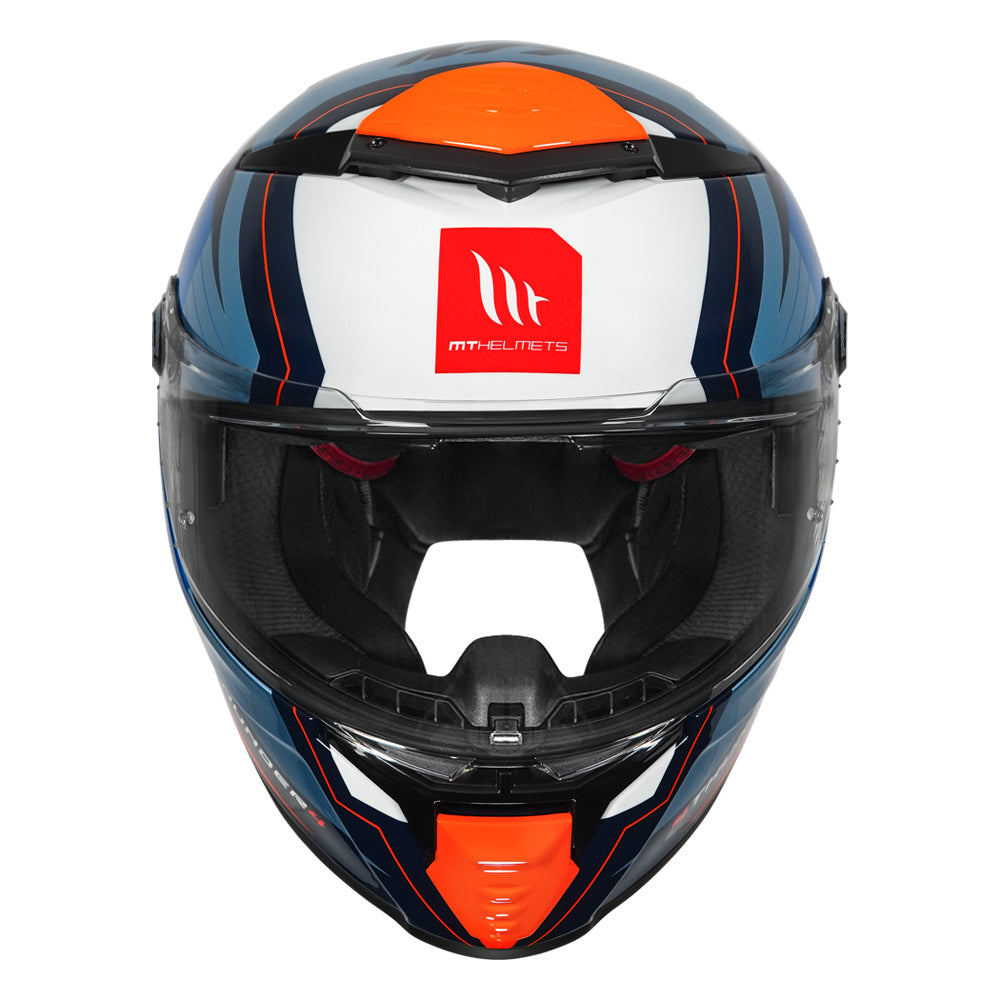 Motorcycle full-face helmet with glossy orange top, black chin guard, white front panel