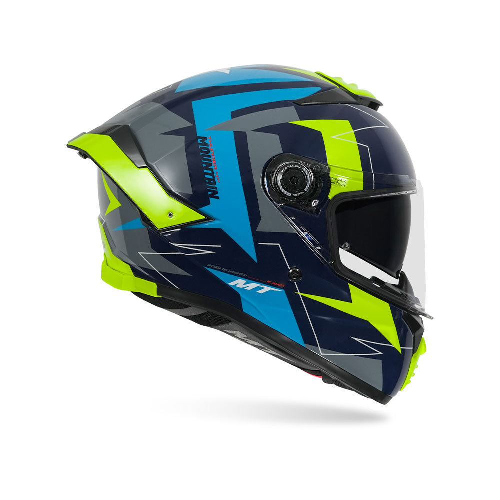 Gloss full-face motorcycle helmet, side view, dark blue and neon green graphic panels