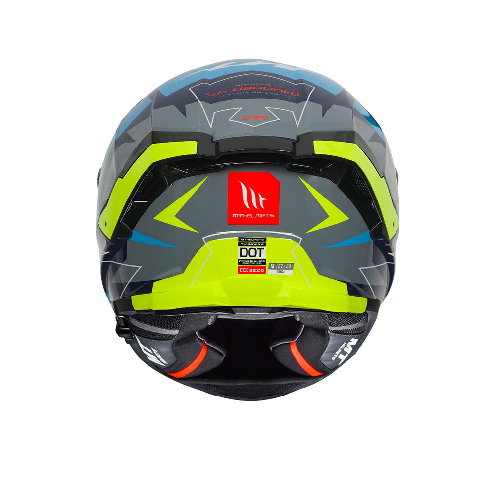 Gloss full-face motorcycle helmet, rear view, neon green top shell with DOT sticker