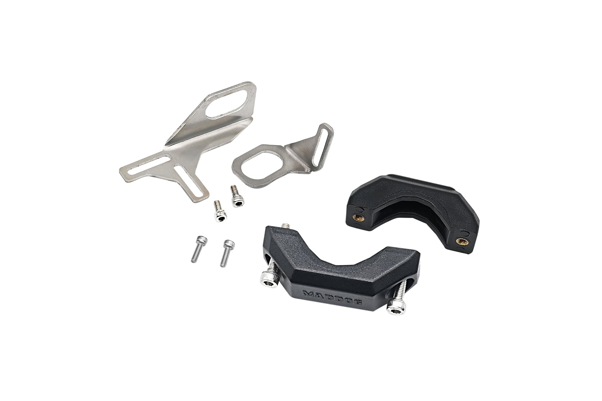 Handlebar switch mounting kit parts: brackets, clamps, and screws