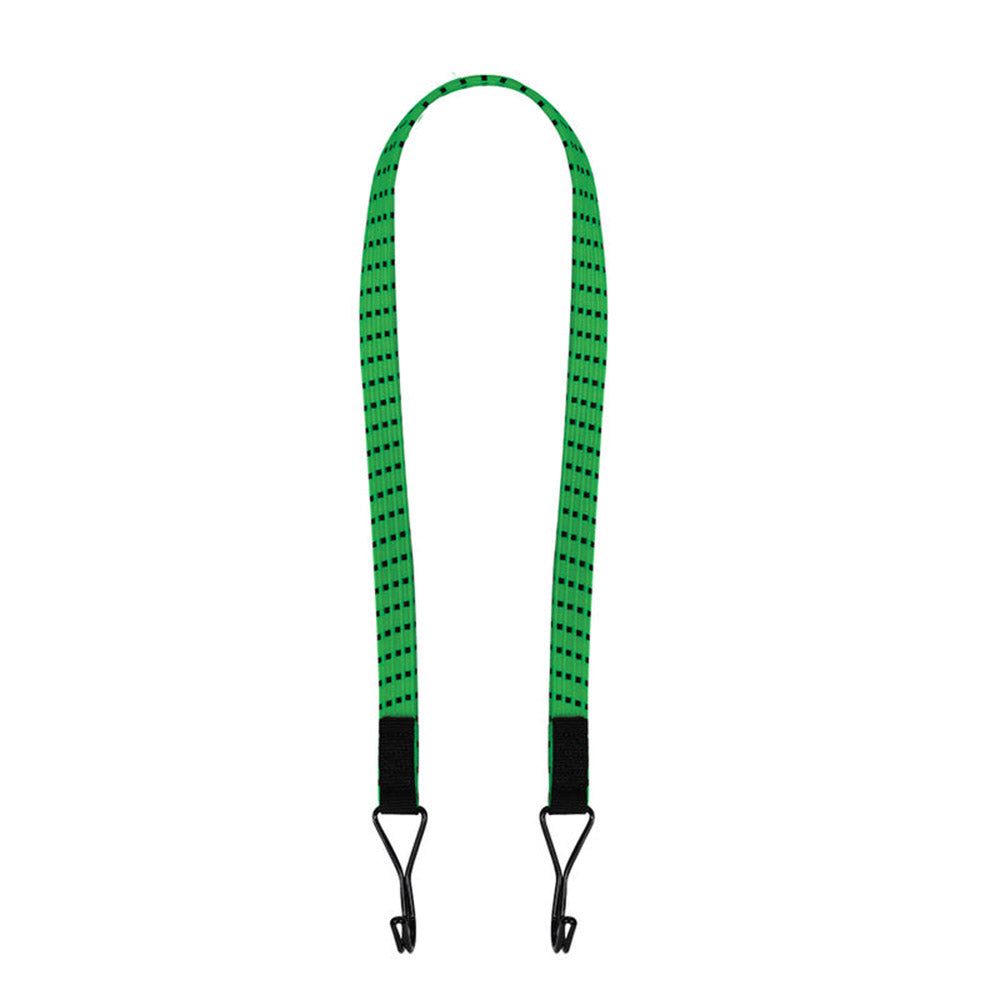 Twin wire flat bungee cords with black hooks, flat webbing straps in green