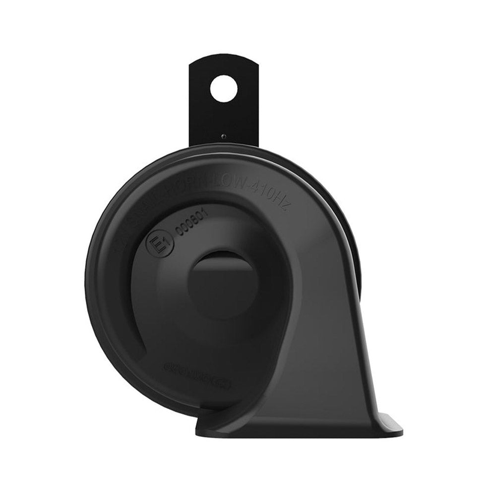 Black teardrop motorcycle horn with round mounting hole on back plate