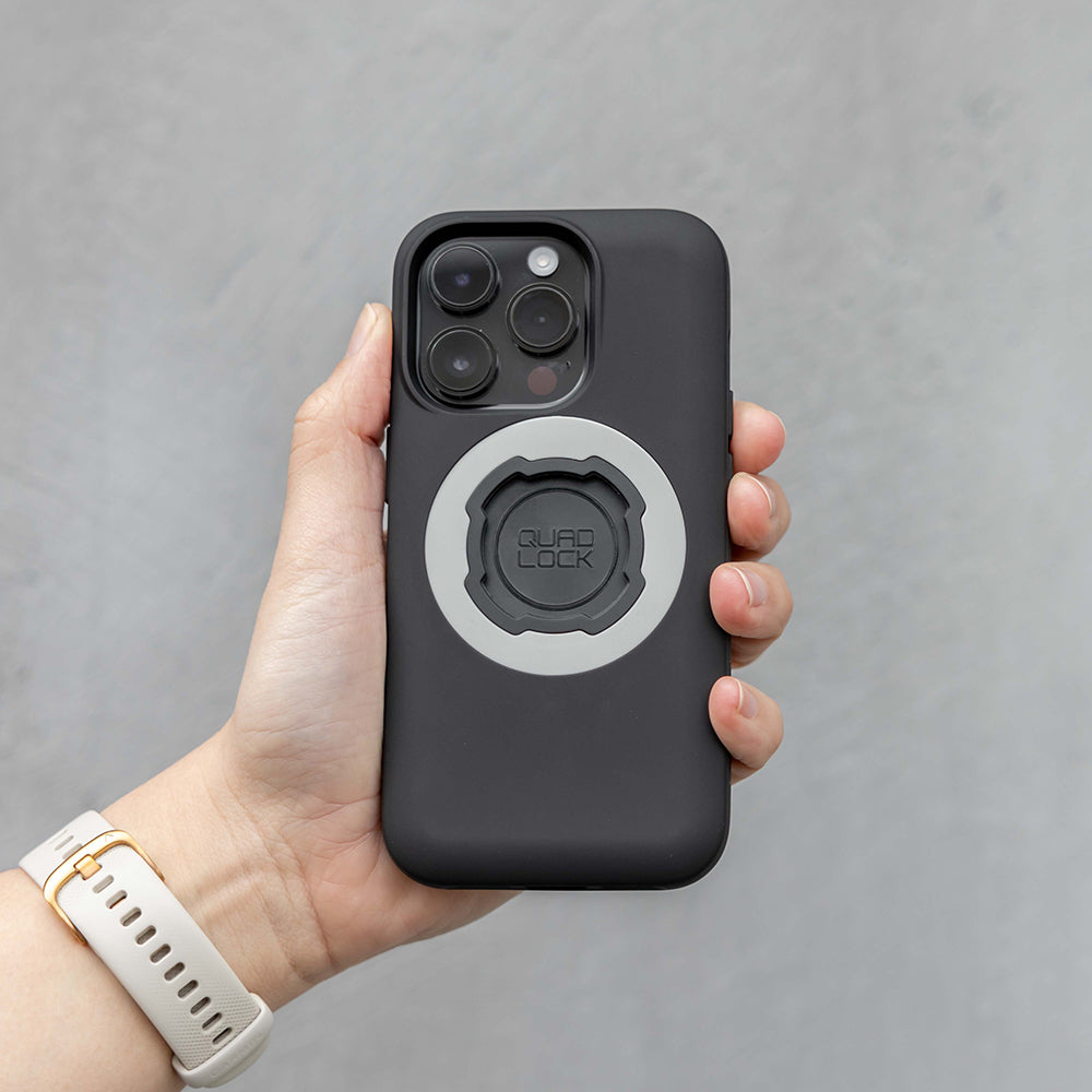 Black phone case with camera cutouts and MAG ring mount, matte finish