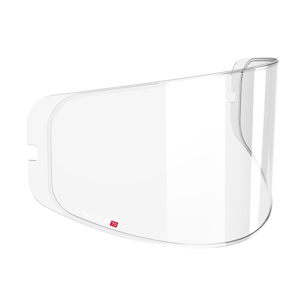 Clear Pinlock 70 helmet visor with curved shape and side mounting tabs