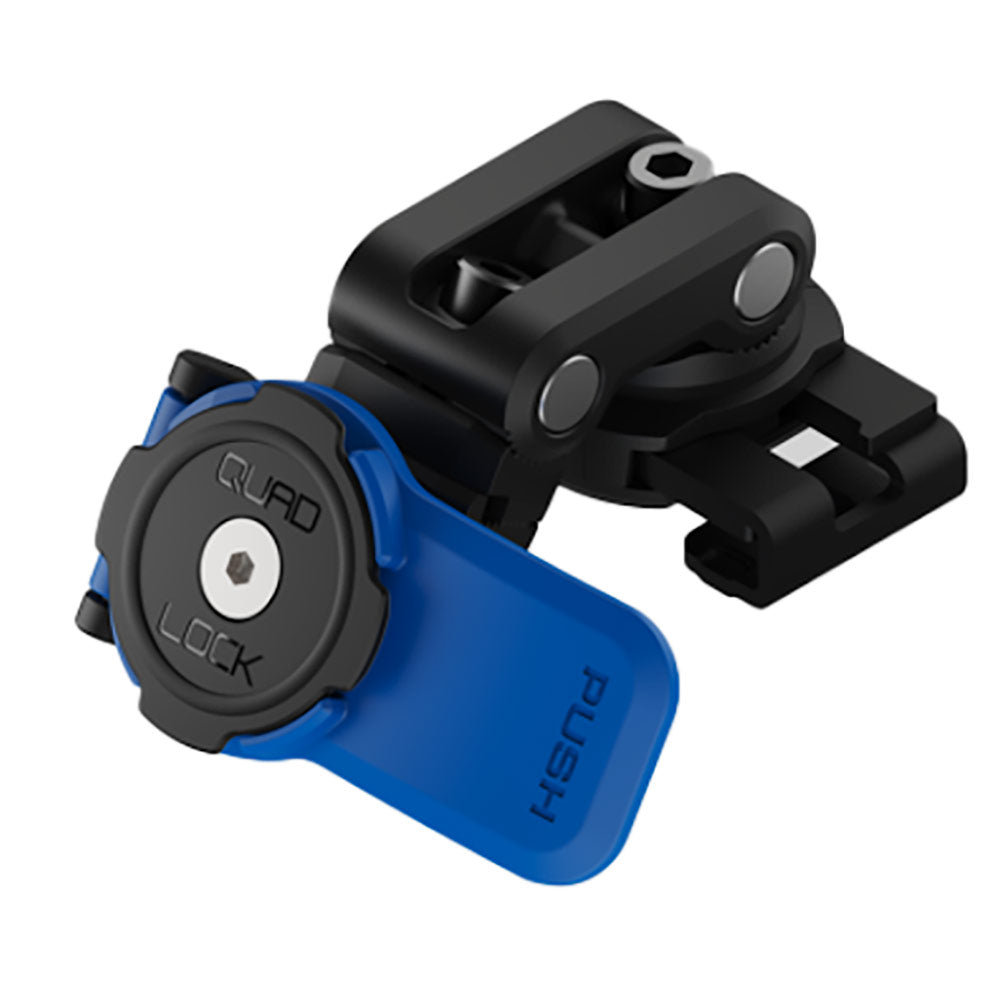 Motorcycle brake reservoir mount with black bracket and blue reservoir cover