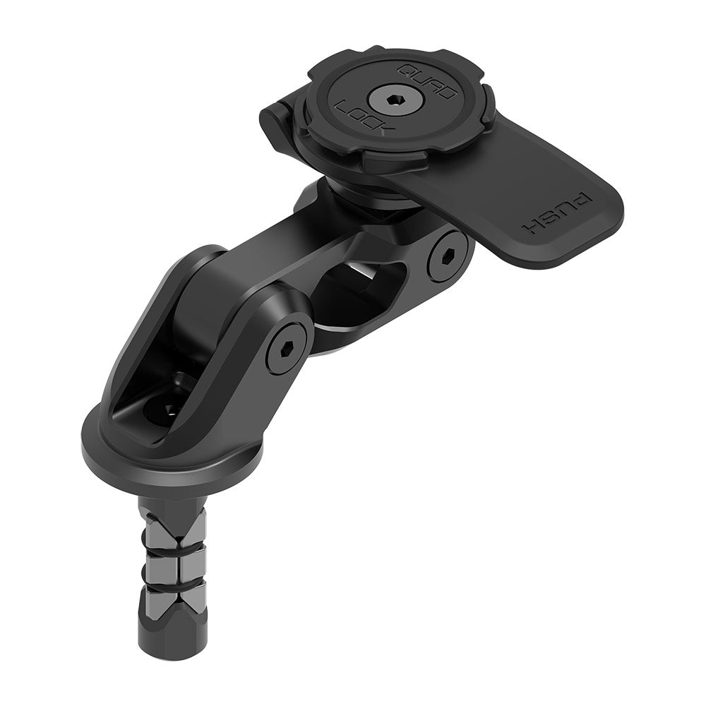 Black motorcycle fork stem mount with circular base and hinged clamp plate