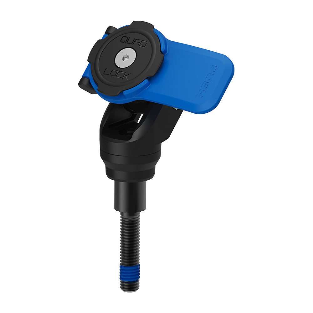 Motorcycle handlebar clamp bolt mount, black with blue accent, threaded bolt
