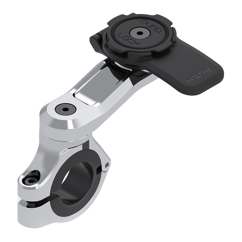 Motorcycle handlebar mount clamp with black control pad, chrome finish