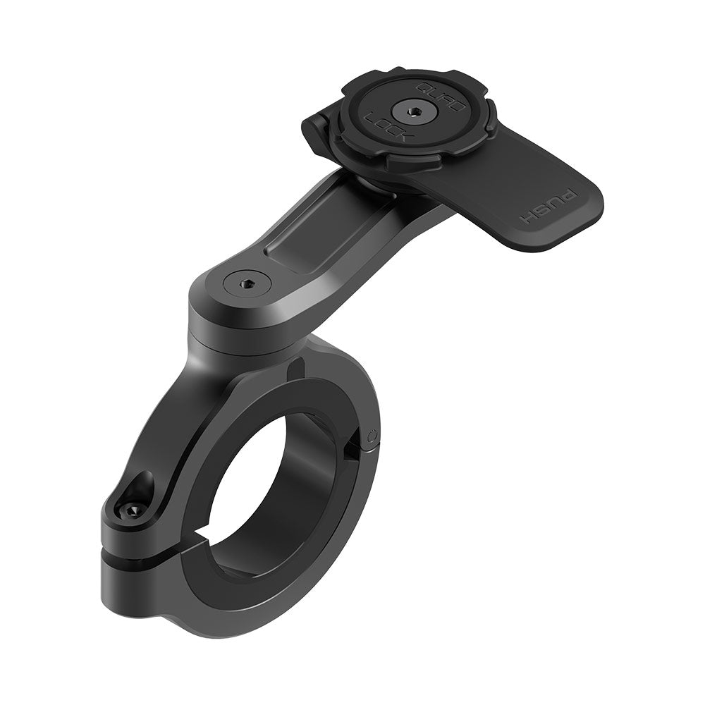 Black motorcycle handlebar mount with clamp and rotating circular base plate