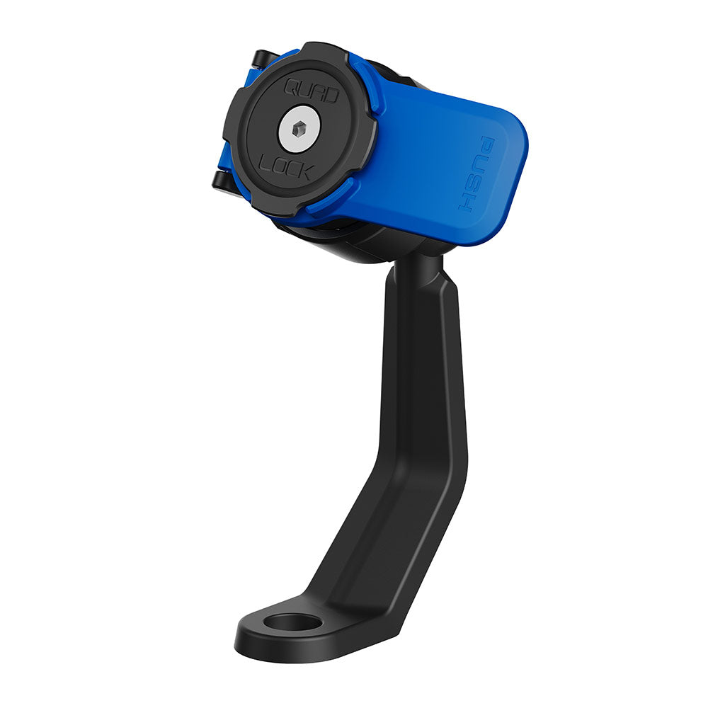 Blue and black mirror stem mount with circular adjustment head and mounting stem