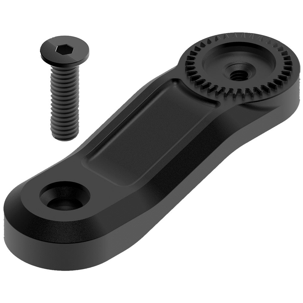 Black motorcycle handlebar mount extension arm with circular gear mounting plate