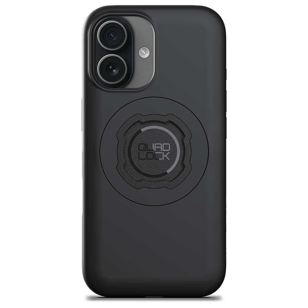 Black iPhone 17 case with Quad Lock badge and camera cutouts