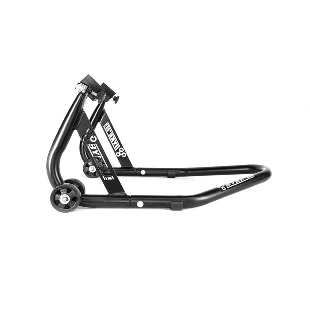 Black rear motorcycle paddock stand with support arms and caster wheels